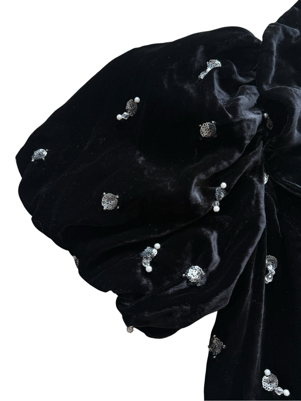 Anthropologie Maeve Black Velvet Mini Dress 2 Sequin Pearl Puff Sleeve Party - Picture 5 of 14